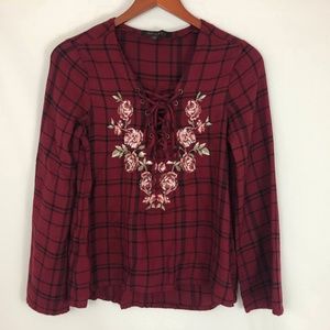 Shyanne Lace Up Plaid Long Sleeve Top Embroidery